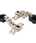 Close-up of Fifty Pack Half Inch Overlay Concealed Cabinet Hinges With Self Closing Soft Close Damper, steel construction.