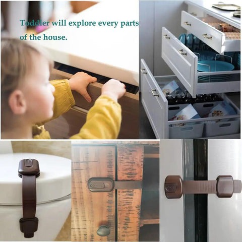 8 Pack Brown Child Safety Cabinet Locks for cabinets, drawers, cupboards, oven, and fridge in use, no tools needed, easy install.