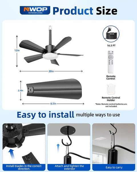 NWOP 20 Inch Outdoor Ceiling Fan with Light, 5 Blade Remote Fan installation size diagram with detailed measurements.