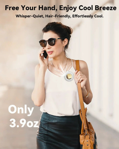 Woman with Clip On Mini Bladeless Fan Portable Silent USB Desk And Outdoor Cooler Small Clip For Shirts Belts Or Bags