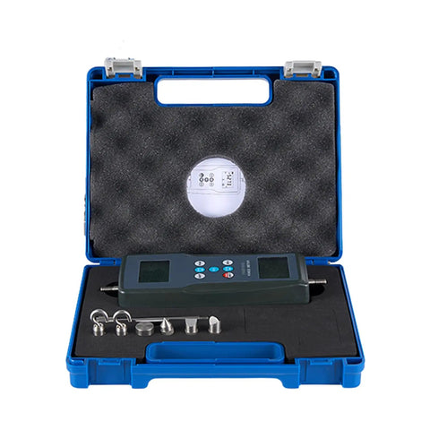 Digital Force Gauge Push Pull Meter With Data Memory Three Measurement Units N Kg Lb Force Range 100 Kgf 980 N 220 Lbf Resolution 0.01 Kgf 0.1 N 0.1 Lbf Built Tough High Precision Force Tester For DIY Lab And Shop in blue case with accessories