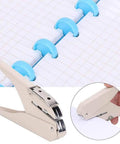 Mushroom Hole Puncher 6 Sheet A4 Capacity, mushroom shaped paper punch for office school craft, shown with punched notebook pages and binding rings