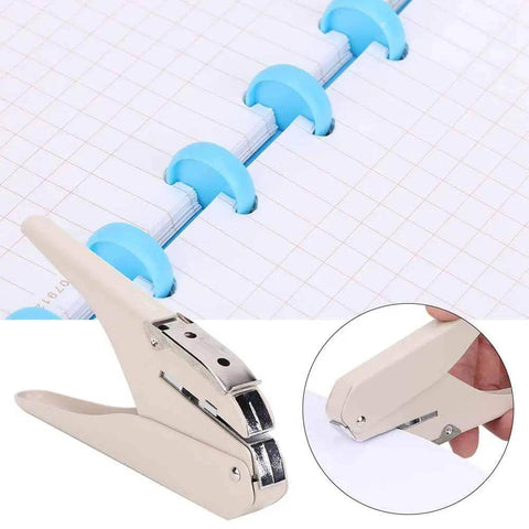 Mushroom Hole Puncher 6 Sheet A4 Capacity, mushroom shaped paper punch for office school craft, shown with punched notebook pages and binding rings