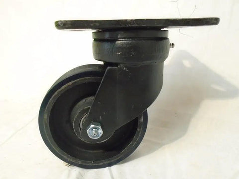 Rock Solid Drop Forged Towing Swivel Caster with 6-inch polyurethane wheel and black frame, side view.