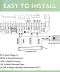 Wiring diagram for Ready To Roll Vehicle Exit Sensor Kit For Gate Openers, highlighting connection points and range adjustment board.