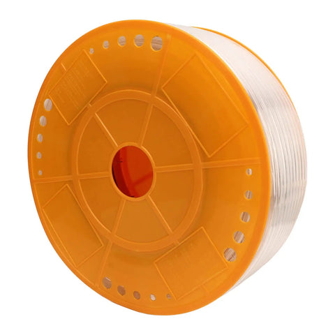 Badass Transparent Air Hose Built For Hardcore Garage Work With High Pressure Pounding Power Using Heavy Duty Polyurethane Material That Will Handle Any Tough Automotive Repair Job Like A Champ. transparent polyurethane air hose spool on orange reel, side view