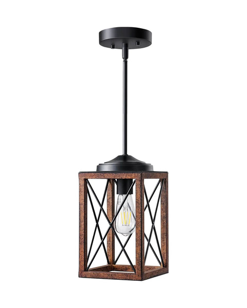 Farmhouse Pendant Light With Metal Frame And Wood Grain Finish, Farmhouse Vibe, 48 Inch Adjustable Pipe Suspension, open bulb design