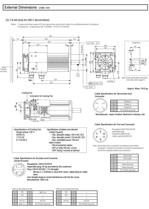 CHUNYE SGMSV-10ADA61 1kW servo motor engineering drawing with front/side views, mm dimensions, cooling fan and shaft end.