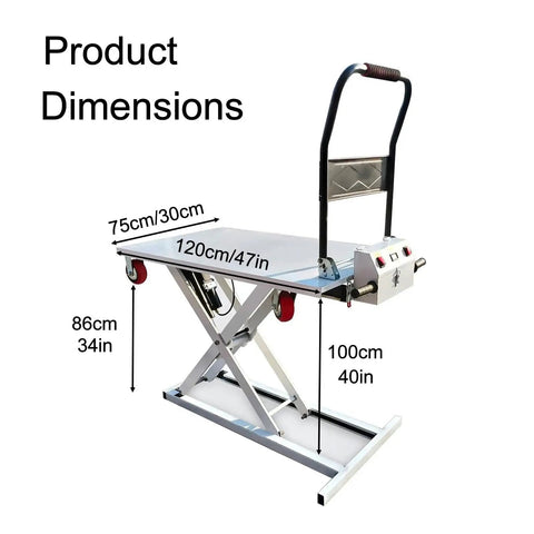 Professional Grade Heavy Duty Workhorse Electric Scissor Lift Table 660 Lb Capacity dimensions 120cm x 75cm x 100cm shown with measurements