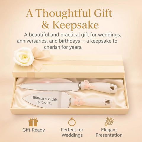 Personalized Rose Gold Wedding Cake Knife And Server Set With Double Heart Engraving in gift box with rose detail