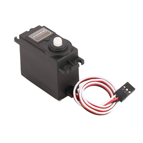High Octane RC Servo Motor Ultra Quiet Precision Steering Compact Lightweight Frame Built Like A Tank For RC Cars And Boats Zero Lag Full Throttle Performance showing black servo unit with wires.