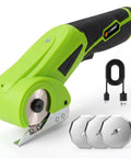 Cordless Electric Cardboard Cutter And Heavy Duty Power Scissors With 350Rpm High Torque Motor and 3 alloy blades, green design.