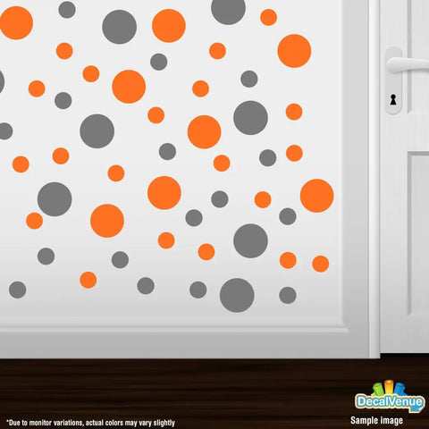 Bold Orange And Grey Polka Dot Vinyl Wall Decals Set Of 30 Removable Adhesive Stickers on a white wall near a door