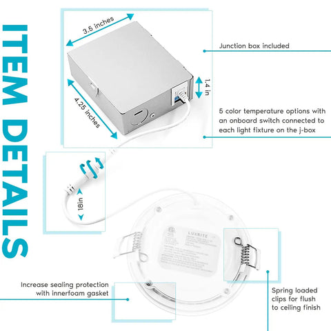 Ultra Thin 4 Inch Recessed LED Downlight With J Box 12W Five Color Temperature Options From 2700K To 5000K 950 Lumens Dimmable Wet