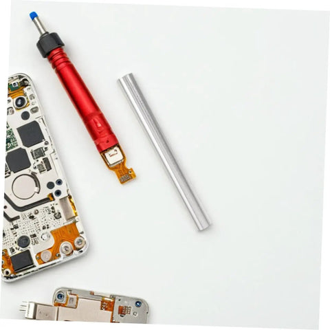 Electronic repair tools and components on a white surface including a red screwdriver and an aluminum pipe.