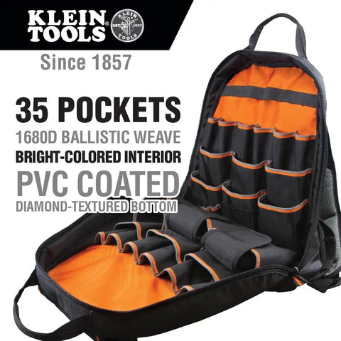 Beefy Heavy Duty Tool Backpack For Tradesmen With 35 Pockets, orange interior, 1680D ballistic weave, and diamond-textured bottom.