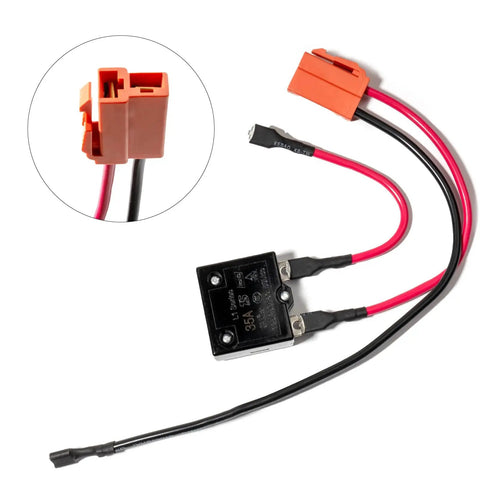 24V Ride On Toy Wiring Harness With 35A Replaceable Fuse and plug-and-play charger connector, black and red wires visible