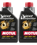Race Ready 75W140 Synthetic Gear Oil For Limited Slip Differentials And Manual Transmissions Providing Tough Shift Feel And Bulletproof Drivetrain Defense In A Heavy Duty Two Liter Pack in black bottles.