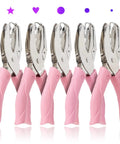 Five Piece Handheld Paper Punch Set With Plastic Handle, Metal Tag Punches For Heart, Circle, Star Shapes shown with pink handles