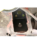 Fox Mustang Torque Box Reinforcement Plate Kit 79-04 TBR002 TBR003 installed in rear torque box, black steel bolt-in plate