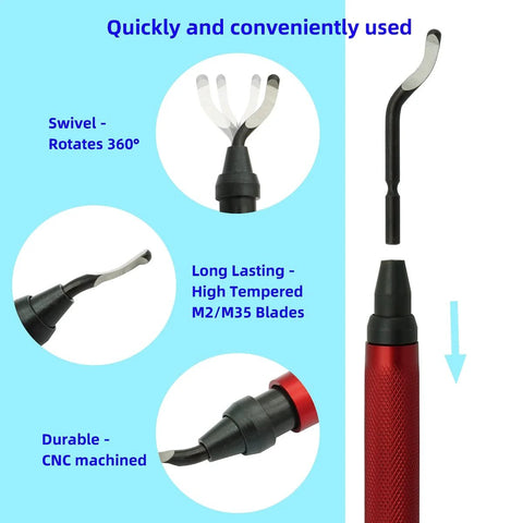 VASTOOLS deburring tool kit with metal handle and 10 replaceable blades; red grip, 360° swivel.