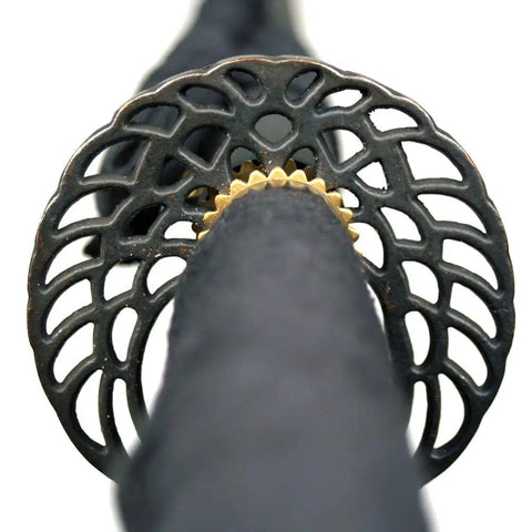 Unsharpened Carbon Steel Iaito Iaido Practice Katana Sword Crane Tsuba close-up showing intricate design for safe training