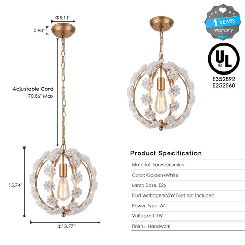 Gold Pendant Light Fixture With Adjustable Chain For Girl Room, Nursery And Bedroom, White Flower Chandelier details and specs