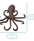 Rad Cast Iron Octopus Wall Hook Rustic Brown Antique Finish, 6.5 inch wide, heavy-duty storage for keys and towels.