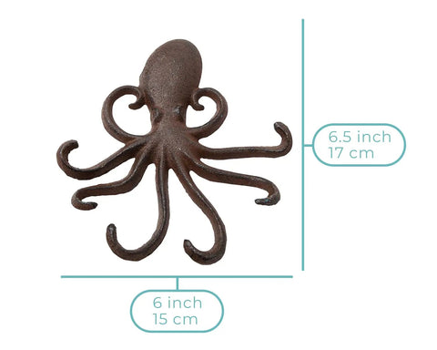 Rad Cast Iron Octopus Wall Hook Rustic Brown Antique Finish, 6.5 inch wide, heavy-duty storage for keys and towels.