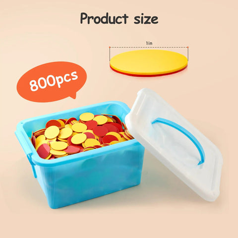 Double Sided Plastic Math Counters For Kids 800 Piece Set Two Color Red Yellow Counting Disks in a blue container.
