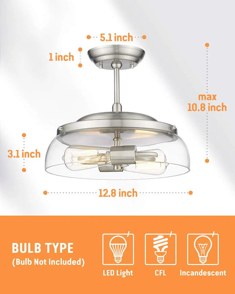 Dimensions of 2 Light Semi Flush Mount Ceiling Light With Clear Glass Shade Brushed Nickel Finish Dope Modern Retro Vibe Fixture For Hallway Corridor Kitchen Bathroom And Bedroom