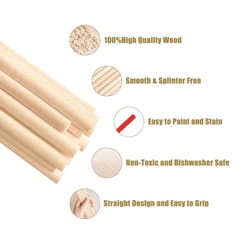 Top Shelf Twenty Five Pack Of One Quarter By Twelve Inch Dead Straight Precut Dowel Rods Crafted From Dense Hardwood For Super Nifty Diy Crafts And Bulletproof Tiered Cake Supports, showing smooth, splinter-free dowels.