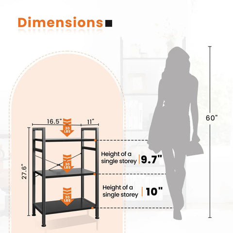 Dimensions diagram for Dope Three Tier Industrial Bookcase With Metal Frame Black Finish, measuring 16.5 x 11 x 27.6 inches.