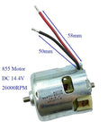 Compact Small Rs-855 Electric Motor DC Unit Runs Smooth 12V 14.4V 18V At Blazing 26000RPM Speed With Durable Build And Amazing Heat Control For Serious Projects close-up image showing wiring and dimensions.