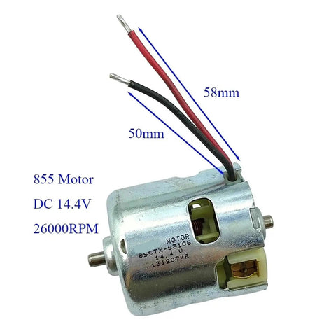 Compact Small Rs-855 Electric Motor DC Unit Runs Smooth 12V 14.4V 18V At Blazing 26000RPM Speed With Durable Build And Amazing Heat Control For Serious Projects close-up image showing wiring and dimensions.