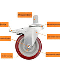 Heavy Duty Swivel Caster Wheels With Dual Locking Brake For Furniture And Workbenches, M Threaded Stem, labeled parts diagram