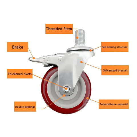 Heavy Duty Swivel Caster Wheels With Dual Locking Brake For Furniture And Workbenches, M Threaded Stem, labeled parts diagram