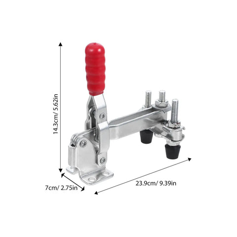 Heavy Duty Vertical Toggle Clamps Quick Release Metal Hold Down Vise Pro Level Fast Acting Workshop Tool, dimensions shown.