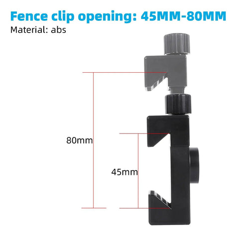 Side view of fence mount showing 45-80 mm adjustable opening, ABS material, for secure attachment to chain-link fences during sports.