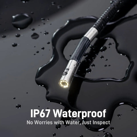 Two Way Articulating Borescope With Dual Lens Endoscope Camera showing LED light on wet surface, IP67 waterproof rating.