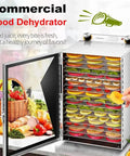 Heavy Duty Stainless Steel Food Dehydrator Packs 12 To 18 Trays showing colorful trays of dried fruits and vegetables for healthy snacks.