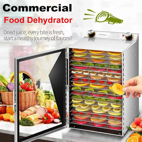 Heavy Duty Stainless Steel Food Dehydrator Packs 12 To 18 Trays showing colorful trays of dried fruits and vegetables for healthy snacks.