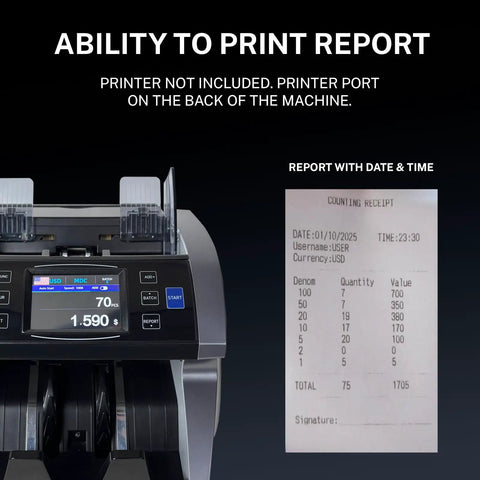 Heavy Duty Money Counter For Mixed Denominations With Real Time Value Counting And Breakdowns By Denomination Eight Currencies CIS UV MG IR DD Counterfeit Detection Printer Enabled Bill Counter External Display Large Touch Color Screen with printed report showing denomination breakdown.
