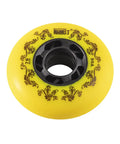 4 Pack Inline Skate Wheels Outdoor 72mm 76mm 80mm 90A Freestyle Durable Replacement Wheels For Roller Hockey Skates No Bearings Or Spacers Included Heavy Duty Grippy, yellow wheel, close-up view