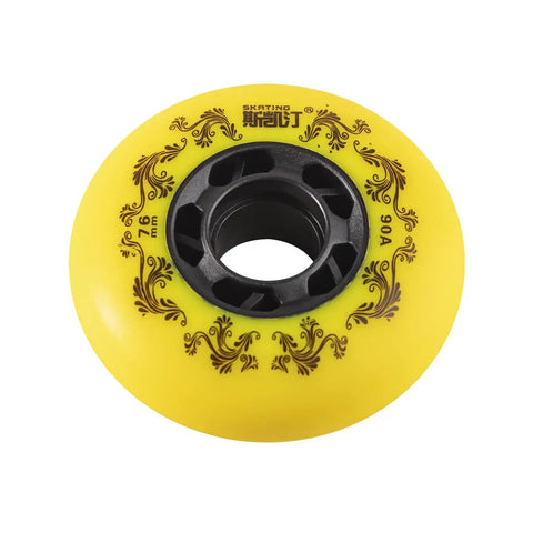 4 Pack Inline Skate Wheels Outdoor 72mm 76mm 80mm 90A Freestyle Durable Replacement Wheels For Roller Hockey Skates No Bearings Or Spacers Included Heavy Duty Grippy, yellow wheel, close-up view