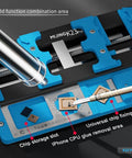 PCB Fixing Holder IC Chip Maintenance Fixture showing blue dual-axis clamps, chip storage slot, and glue removal area for repair station.