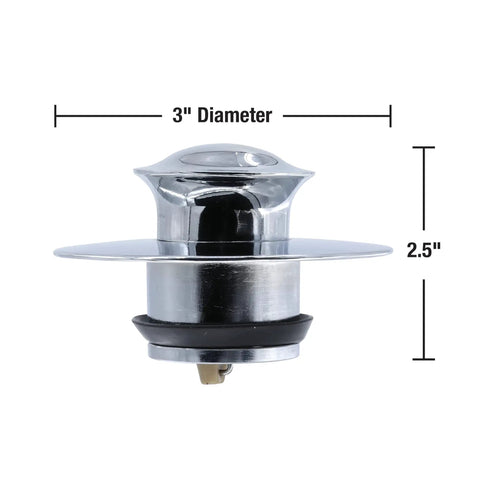 EZ Drain Cover For Bathtub Chrome With Touch Activated Stopper Replacement For Lift And Turn Push Button And Trip Lever Drains Durable All Metal Construction Includes O Rings For A Tight Fit, side view showing measurements