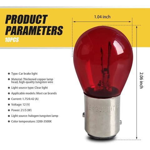 Product specifications of 12V 21/5W Halogen Brake Light Bulb With BAY15D Base, Dual High Low Filament, Red, for cars and motorcycles.