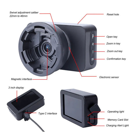 4K Eyepiece Camera For Telescopes 22Mm To 46Mm Adapters With Dope Live View Night Vision Clarity highlighting features and ports.