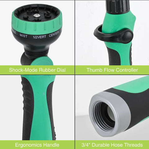 Close-up features of Adjustable Watering Wand For Garden Hose 36 To 54 Inches with ergonomic handle and thumb flow control nozzle.